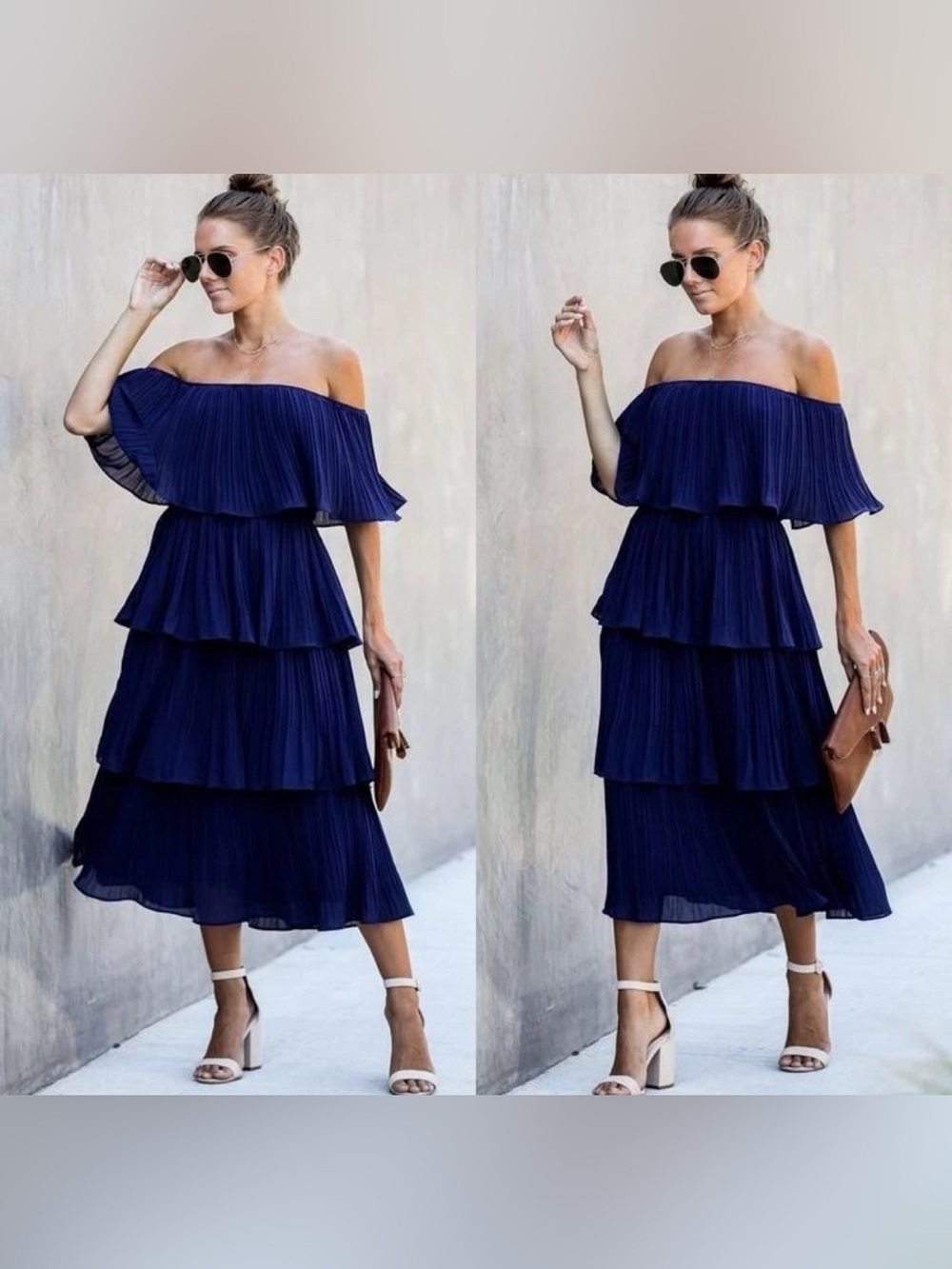 Just Me Off-Shoulder Navy Tiered Pleated Midi Dress